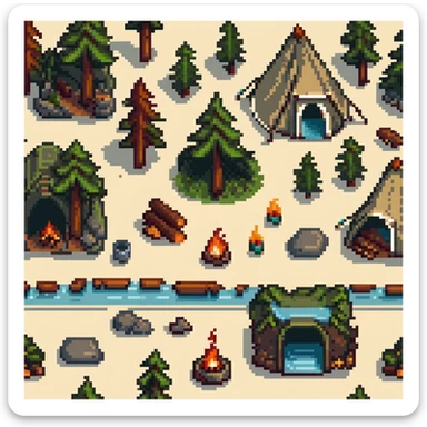 forest camping tile set with trees, tent, campfire, logs, river, rocks, and bushes sticker