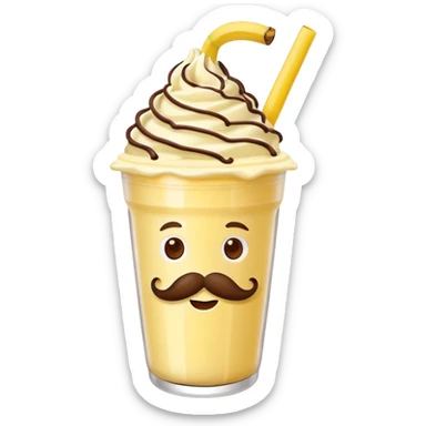 banana milkshake in a take-out cup with mustache sticker