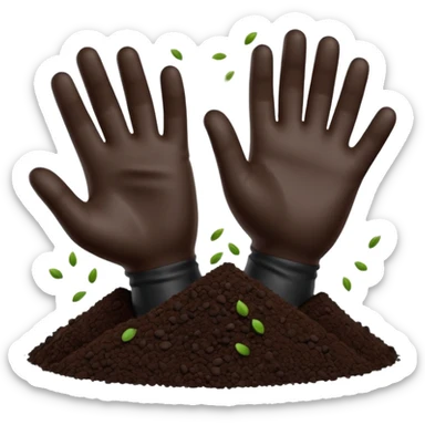 A 3D cartoon pair of gloved hands holding rich dark soil, small bits falling between fingers, bright garden background, soft light, Memoji-style realism. sticker