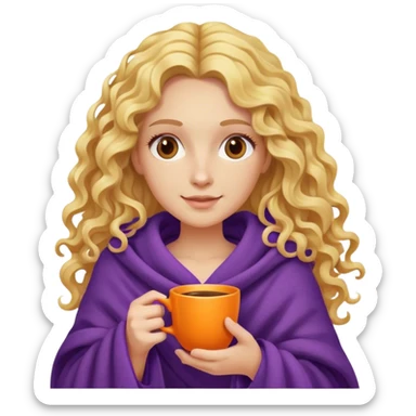 Blonde curly long hair lady inside a purple blanket with a orange cup of coffe sticker
