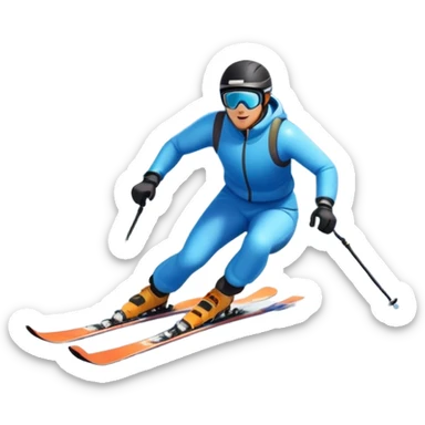 An icon featuring a skier racing down a snow-covered slope, surrounded by snowy peaks, pine trees, and a picturesque mountain landscape. The sky is blue with soft clouds, capturing the thrill and beauty of alpine skiing. Transparent background  sticker