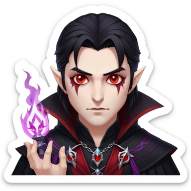 Cinematic Realistic WoW Vampire Mage Portrait, head tilted epicly and inquisitively, showcasing a commanding presence and ancient arcane mastery. His pallid skin and sleek dark hair are set against the intricately detailed black robe—with silver accents and mystical runes—that remains consistent in its shadowed elegance. His piercing crimson eyes blaze with forbidden power, rendered with dramatic, lifelike clarity and high shine, epic and awe-inspiring. sticker