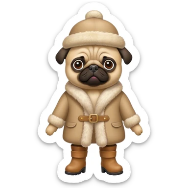 pug in a fur coat, hat and felt boots sticker