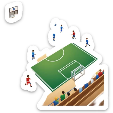 A mini-football match in an indoor sports hall with a wooden floor and clear court markings. The scene captures players in action, with the ball moving towards the goal, and the surrounding bleachers and overhead lights adding to the atmosphere of a competitive game. sticker