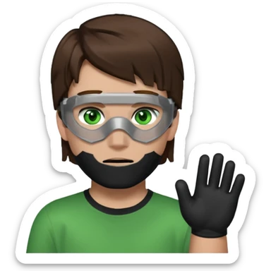 Chico de pelo marrón, ojos verdes y la mitad de la cara color gris ceniza. Con un cubre bocas negro, que tiene una camisa verde por encima de una remera blanca, y tiene un guante negro en una sola de las manos. Estilo minecraft sticker