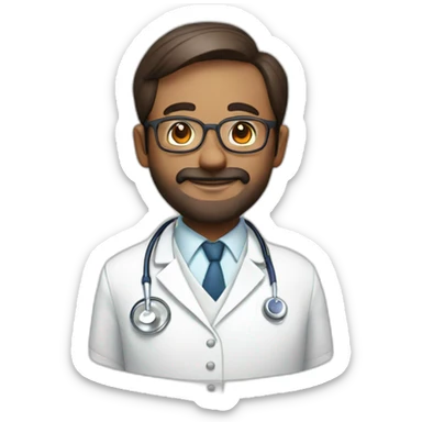 a doctor without beard wearing round glasses and white coat and having stethoscope sticker