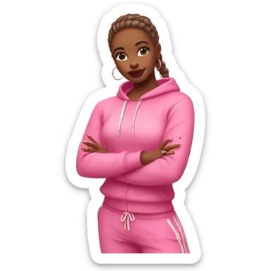 Girl emoji: pink tracksuit, hoop earrings, pink lips, lashes, nails. Poses: peace sign, nails, phone, arms crossed. full body + legs sticker