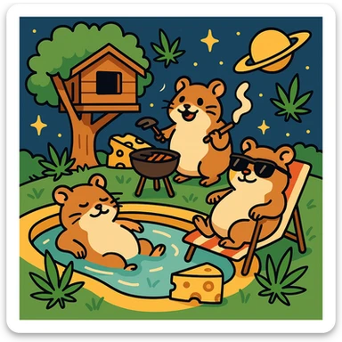Discord server icon, square format, summer pool cookout with up to 3 hamsters relaxing and having fun, weed leaves, cheese, THC theme, no disco ball, no Discord logo, near a treehouse, possibly in space, flat toon style, soft but colorful, bold outlines, nostalgic, fun, inviting, summer party vibe, clear composition sticker