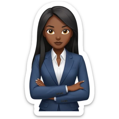 Confident African businesswoman with straight long black hair, sleek professional look, wearing power suit sticker