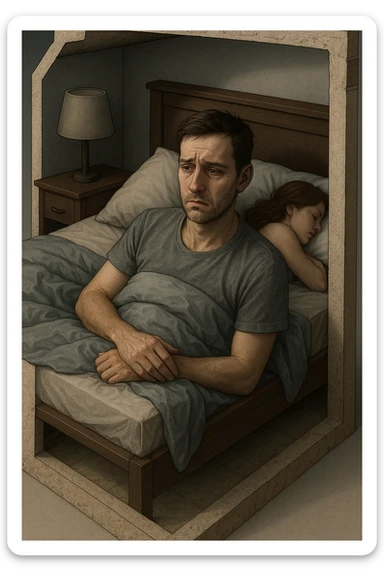 Vertical, hyper-realistic 3D cutaway illustration: uomo con difficoltà con la propria compagna nel letto, faccia depressa sticker