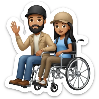 Tan skinned man with a beard and fitted cap in a wheelchair and a brown skinned woman with long black hair in a wheelchair sticker