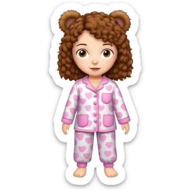 Grown up Woman with brown eyes, brown curly hair, white skin, full body in cute pijama bear sticker