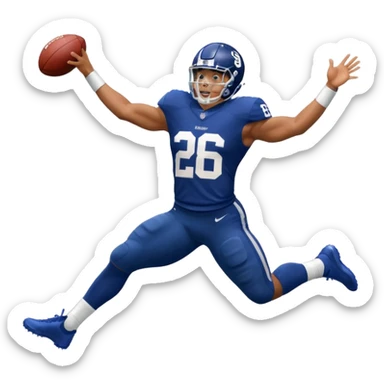 Saqoun Barkley hurdle over a 2 people sticker