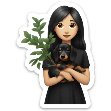 an Asian girl with long hair, wear black dress, hugging a black and tan long haired dachshund with a branch in its mouth sticker