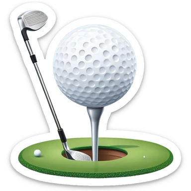 A close-up golf ball on a tee, with a golf club placed beside it, set on a well-manicured green. The background is a peaceful golf course with a clear blue sky, emphasizing the tranquility and skill required for the sport. sticker