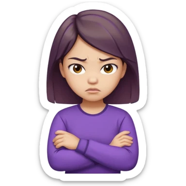 Angry Pouty girl with small asian eyes folding arms in a purple longsleeve shirt she has fair skin and medium length brown hair with highlights sticker