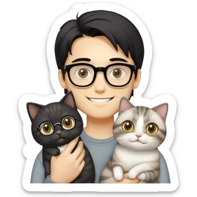 Young man with warm yellow-toned skin, long face, black back-length hair, large eyes, thin-rimmed square glasses, smiling gently while holding a grayish-white Munchkin cat with short legs and a gray patch under its mouth sticker