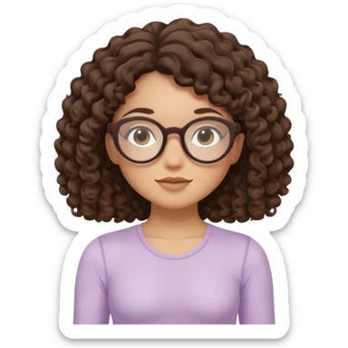 Memoji-style illustrated girl with dark brown curly hair, round glasses, large brown eyes, soft rounded face, warm beige skin tone, wearing neutral Pilates activewear, calm wellness aesthetic, pastel colors, sticker-style digital illustration, smooth shading, white outline. sticker