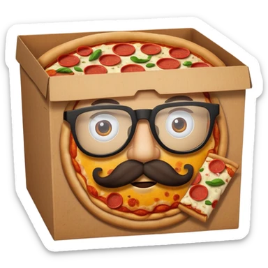 pizza take-out carton with glassess and mustache sticker