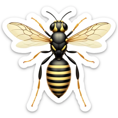 Beautiful and Majestic Wasp Portrait Emoji, Head and body rendered in serene repose with a gentle, confident smile, showcasing a refined, streamlined form with delicately patterned stripes and softly closed, focused eyes, Simplified yet exquisitely endearing features, highly detailed, glowing with a soft, drowsy radiance, high shine, relaxed and utterly noble, stylized with an air of regal insect elegance, soft glowing outline, capturing the essence of a beautiful and majestic wasp that embodies the refined power of nature! sticker
