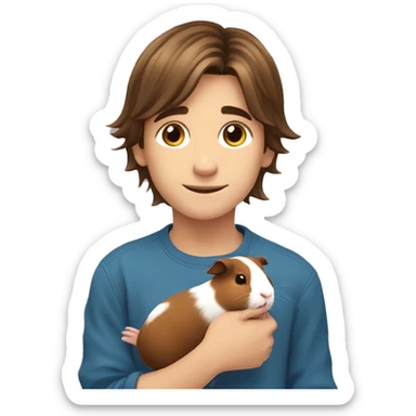 boy with long brown hair holding a guinea pig ￼ sticker