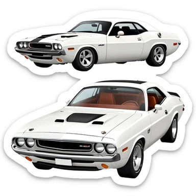 Structurally accurate white 1971 Dodge Challenger from Death Proof, perfect three-quarter perspective at 30 degrees, consistent proportions, detailed front end and side profile, all white, iOS emoji style sticker
