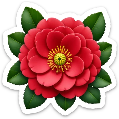 Classic camellia flower with perfectly arranged overlapping red petals, distinctive yellow stamens in center, and serrated glossy dark green leaves sticker