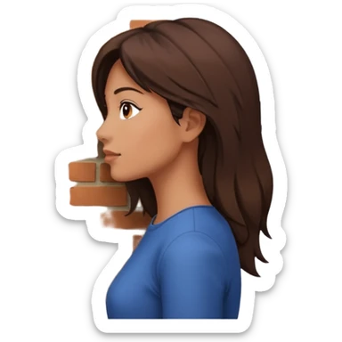 woman side profile standing next to a brick wall of which she is both just behind and just outside of, looking past the edge of the brick wall into the empty space sticker