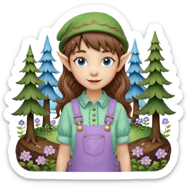 Kind happy whimsical quirky Girl toymaker, wood carving elf. Woodland nature creator. Blue eyes. brown hair (short just-below chin length) wavy hair & bangs. Whimsical playful cute. Overalls with nature embroidered cute shirt collar. Light green, light purple and light blue colour aesthetic  sticker