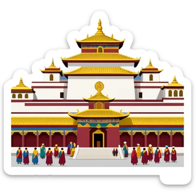 Lhasa Jokhang Temple Tibet with pilgrims, simplified emoji style with bold outlines and bright colors, cartoon style golden roof temple sticker