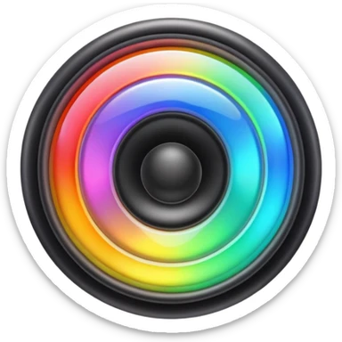 A speaker emoji 🔊 with a smooth CD-like surface that reflects rainbow iridescent colors, glowing RGB light ring around the edge, shiny plastic body, prismatic reflections shifting across the front, soft sparkles and light gleams, holographic sheen, clean simple shape, bright colorful highlights sticker