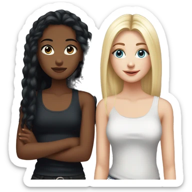 A girl with black hair and hazel eyes wearing a black tank top with her best friend who has straight blonde hair and dark blue eyes and is wearing black sticker