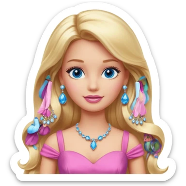 barbie, long blonde hair, pink dress, with blue eyes,different dress,ear rings, jewelry. sticker