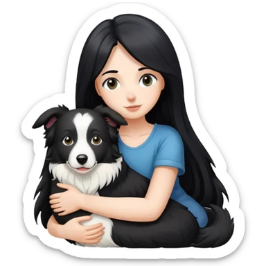 A white girl with long black  hair tightly hugged a Border Collie sticker