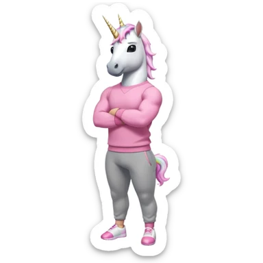 friendly anthropomorphised male white unicorn with a fit, chunky, muscular and strong physique, arms and legs matching the white of the head, wearing grey tracksuit pants and pink jumper, sunglasses, standing with arms folded sticker