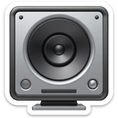 Minimal emoji icon of a modern metallic studio monitor, front view, detailed geometry, dark metallic body, subtle highlights, isolated sticker