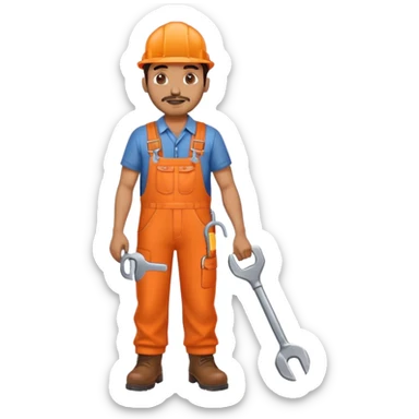Indian male railway engineer orange overalls, boots holding a spanner sticker