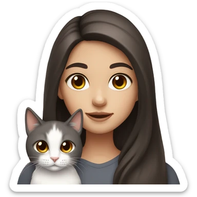A girl with brown eyes and long dark brown hair holding a white and dark grey cat  sticker