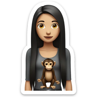 girl with dark long straight hair with monkey sticker