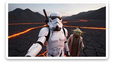 Cinematic still, selfie camera, Starwars stormtroopers vlogging , he is walking on lava planet with yoda sticker
