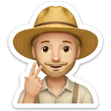 “A single emoji-style character combining 👨‍🌾😄 and 🤔: a smiling farmer man with a straw hat, friendly face, and light beard, holding one hand under his chin in a thinking gesture. His index finger rests under his face, eyes looking slightly upward as if thinking.  sticker