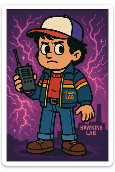 Stranger Things inspired character in vibrant toon style, wearing 80s clothing with supernatural effects, holding a walkie-talkie, and Hawkins Lab reference, variation 3. sticker