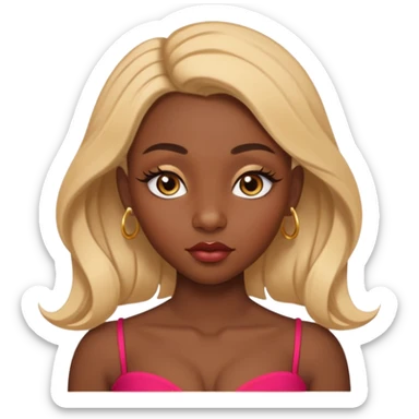 darkskin female with eyebrows that are naturally shaped and frame eyes well, eyes that are almond-shaped with defined lashes. nd lips are full with a defined cupid’s bow, add also a septum piercing that adds an edgy, stylish flair. a middle-part, honey blonde bust-down with laid baby hairs sticker