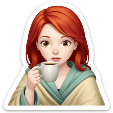 Girl with red hair inside a blanket sipping coffee sticker