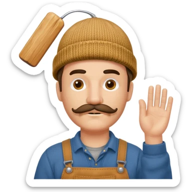 Woodworker mustache knit cap Carharttk shirt hand raised above head sticker