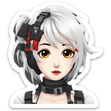 Gorgeous techwear anime style lady with blushing face aesthetic and pretty edgy black red white punk messy hair with collar and harness trending style sticker
