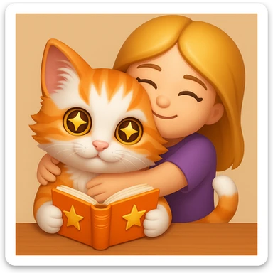 A kitten sitting at a table holding a book with stars in its eyes, and a girl hugging him from behind, emoji style. sticker