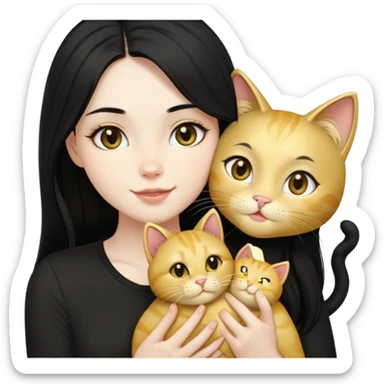 pale girl  with dark eyes and long black hair wearing black shirt kissing gold cat holding smiling light gold cat sticker