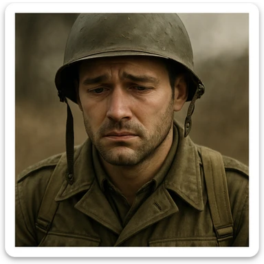 A white man with stubble in a soldier's uniform and a sad face sticker