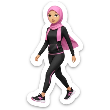 tan skin, hijabi young women in pink hijab, going for walk in black active wear clothing full body, walking  sticker